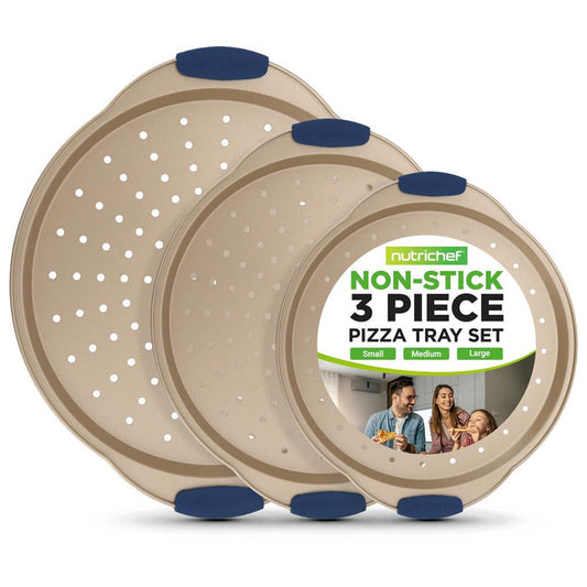 3-Piece Pizza Tray Set for Crispy Pizzas, Nonstick Carbon Steel, Gold