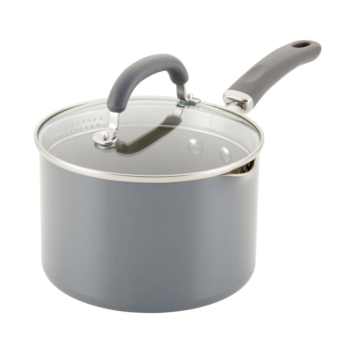 3-Quart Nonstick Induction Straining Saucepan with glass lid and black handle.