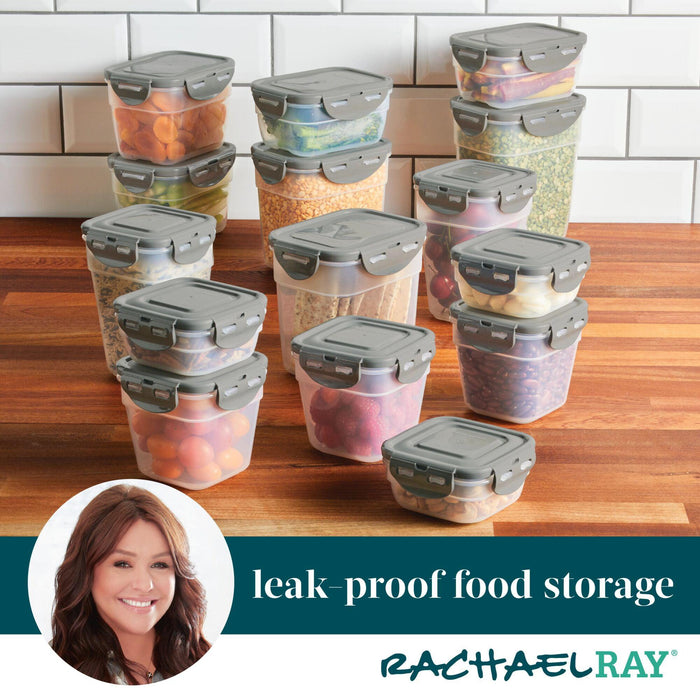 A collection of 30-Piece Nestable Food Storage Containers, crafted from BPA-free plastic and topped with gray lids, is arranged on a wooden surface, highlighting their durable design perfect for food storage.