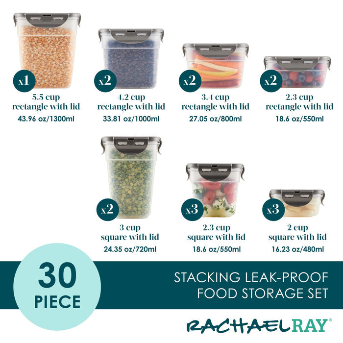 30-piece set of nestable food storage containers, featuring both rectangular and square designs, BPA-free material, durable construction, and leak-proof seals.