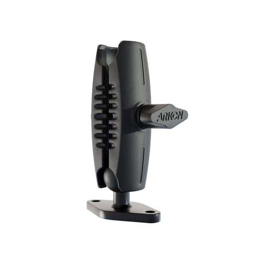 3.75″ Shaft Arm Pedestal with Diamond Drill-Down Base featuring a black adjustable mounting bracket, toothed central hinge, flat diamond-shaped drill-down base, and a screw knob labeled ARICM for securing the angle. Designed as a device mounting pedestal for attaching equipment or devices to a surface.