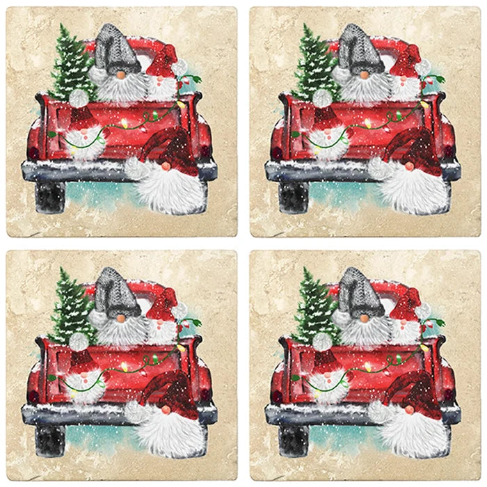 4" Christmas Holiday Travertine Coasters - Back of Red Truck with Gnomes, 2 Sets of 4, 8 Pieces - Christmas by Krebs Wholesale