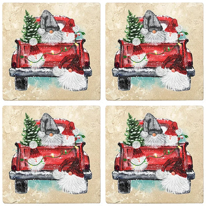 4" Christmas Holiday Travertine Coasters - Back of Red Truck with Gnomes, 2 Sets of 4, 8 Pieces - Christmas by Krebs Wholesale