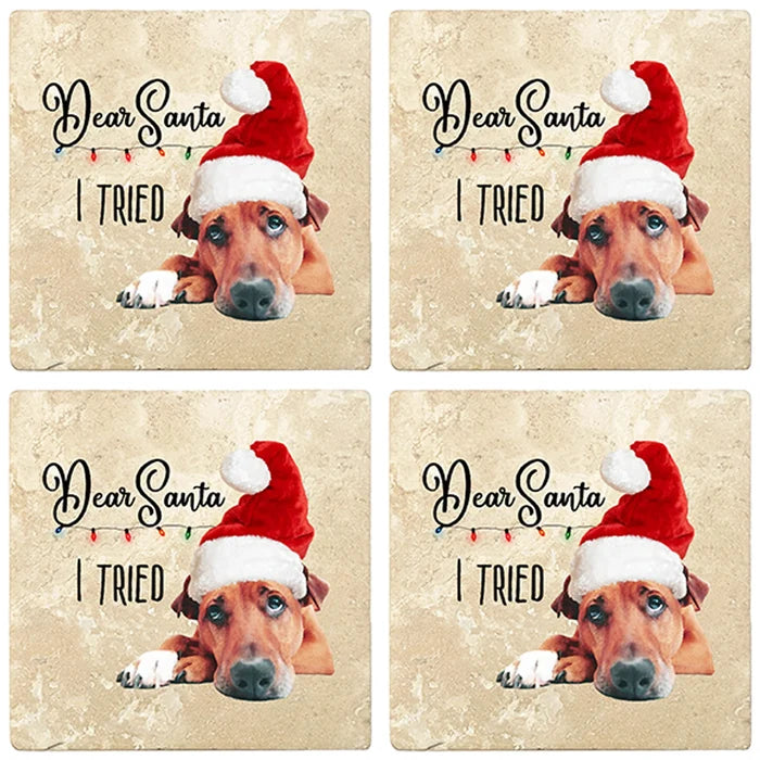 4" Christmas Holiday Travertine Coasters - Dear Santa, 2 Sets of 4, 8 Pieces - Christmas by Krebs Wholesale