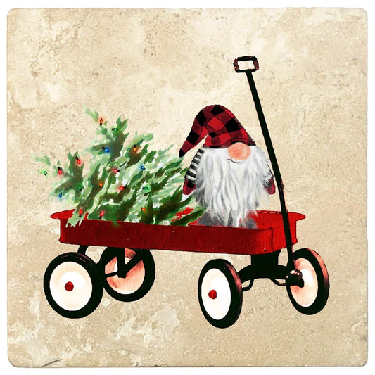 4" Christmas Holiday Travertine Coasters - Gnome in Handcart, 2 Sets of 4, 8 Pieces - Christmas by Krebs Wholesale