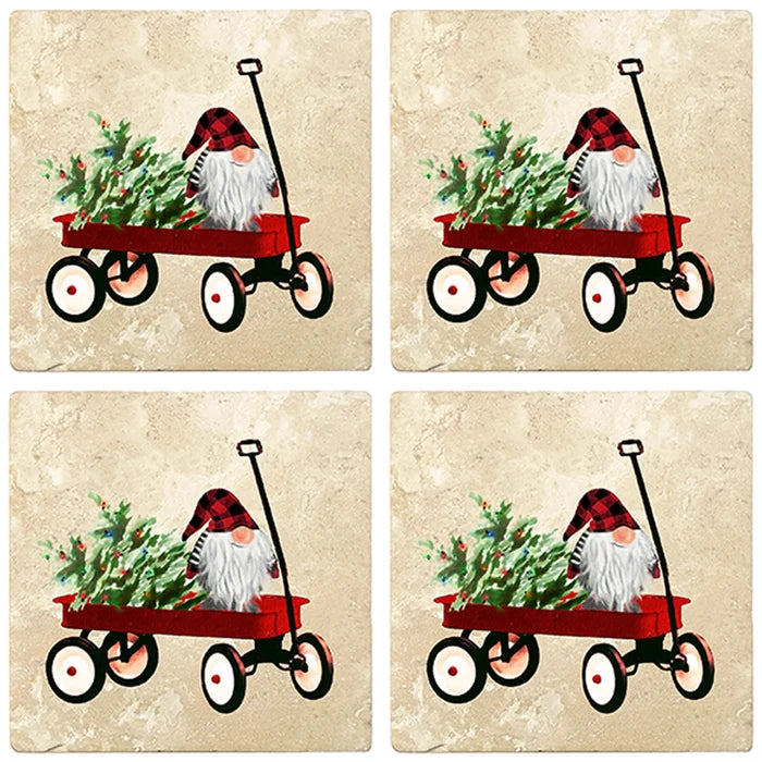 4" Christmas Holiday Travertine Coasters - Gnome in Handcart, 2 Sets of 4, 8 Pieces - Christmas by Krebs Wholesale