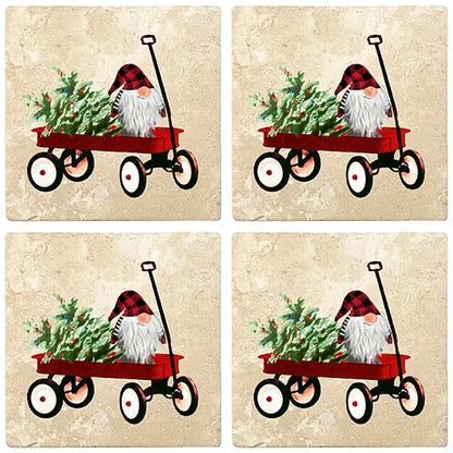 4" Christmas Holiday Travertine Coasters - Gnome in Handcart, 2 Sets of 4, 8 Pieces - Christmas by Krebs Wholesale