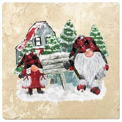 4" Christmas Holiday Travertine Coasters - Gnomes Winter Scene, 2 Sets of 4, 8 Pieces - Christmas by Krebs Wholesale