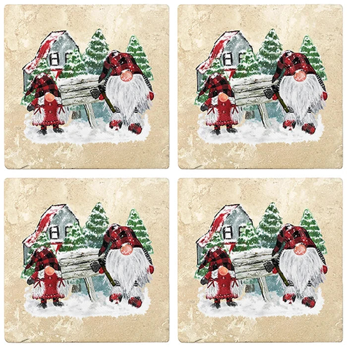 4" Christmas Holiday Travertine Coasters - Gnomes Winter Scene, 2 Sets of 4, 8 Pieces - Christmas by Krebs Wholesale