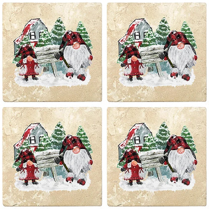 4" Christmas Holiday Travertine Coasters - Gnomes Winter Scene, 2 Sets of 4, 8 Pieces - Christmas by Krebs Wholesale