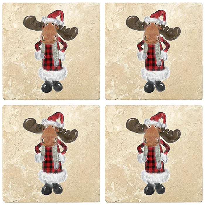 4" Christmas Holiday Travertine Coasters - Moose in Santa Costume, 2 Sets of 4, 8 Pieces - Christmas by Krebs Wholesale