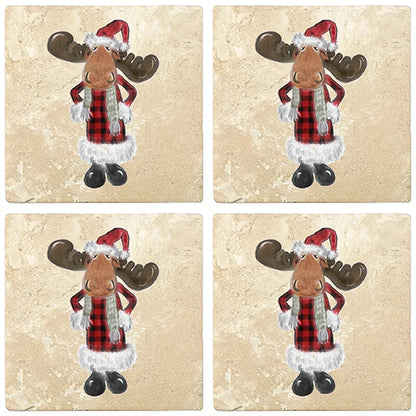 4" Christmas Holiday Travertine Coasters - Moose in Santa Costume, 2 Sets of 4, 8 Pieces - Christmas by Krebs Wholesale