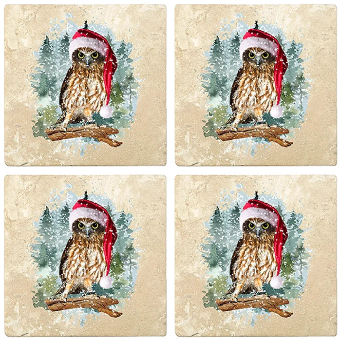 4" Christmas Holiday Travertine Coasters - Owl with Santa Hat, 2 Sets of 4, 8 Pieces - Christmas by Krebs Wholesale