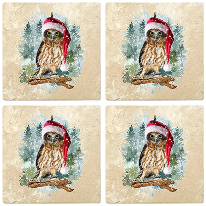 4" Christmas Holiday Travertine Coasters - Owl with Santa Hat, 2 Sets of 4, 8 Pieces - Christmas by Krebs Wholesale