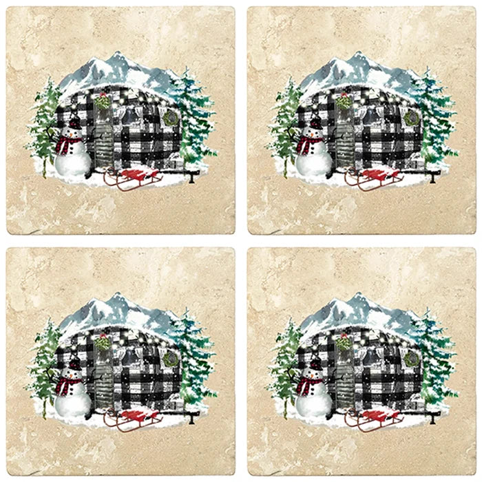 4" Christmas Holiday Travertine Coasters - Plaid Camper, 2 Sets of 4, 8 Pieces - Christmas by Krebs Wholesale