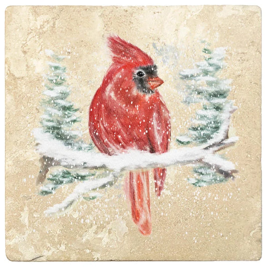 4" Christmas Holiday Travertine Coasters - Red Cardinal, 2 Sets of 4, 8 Pieces - Christmas by Krebs Wholesale