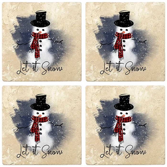4" Christmas Holiday Travertine Coasters - Snowman - Let it Snow, 2 Sets of 4, 8 Pieces - Christmas by Krebs Wholesale