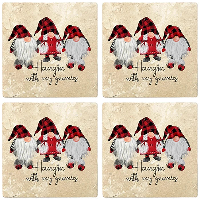 4" Christmas Holiday Travertine Coasters - Three Gnomes - Hanging with the Gnomies, 2 Sets of 4, 8 Pieces - Christmas by Krebs Wholesale