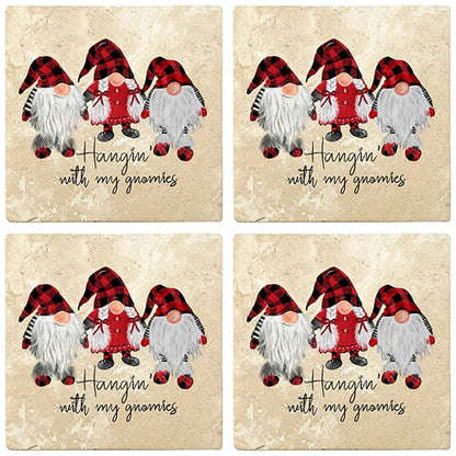 4" Christmas Holiday Travertine Coasters - Three Gnomes - Hanging with the Gnomies, 2 Sets of 4, 8 Pieces - Christmas by Krebs Wholesale