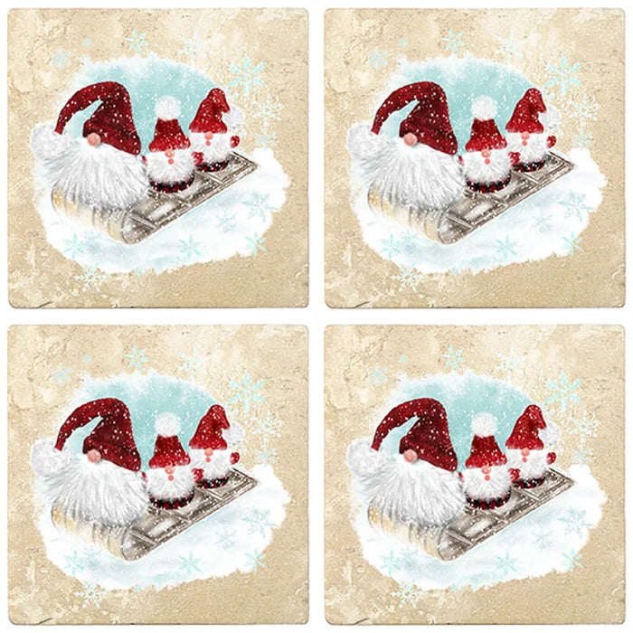 4" Christmas Holiday Travertine Coasters - Three Gnomes on Sled, 2 Sets of 4, 8 Pieces - Christmas by Krebs Wholesale