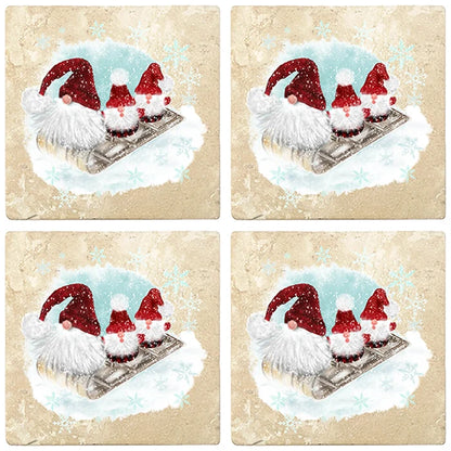 4" Christmas Holiday Travertine Coasters - Three Gnomes on Sled, 2 Sets of 4, 8 Pieces - Christmas by Krebs Wholesale