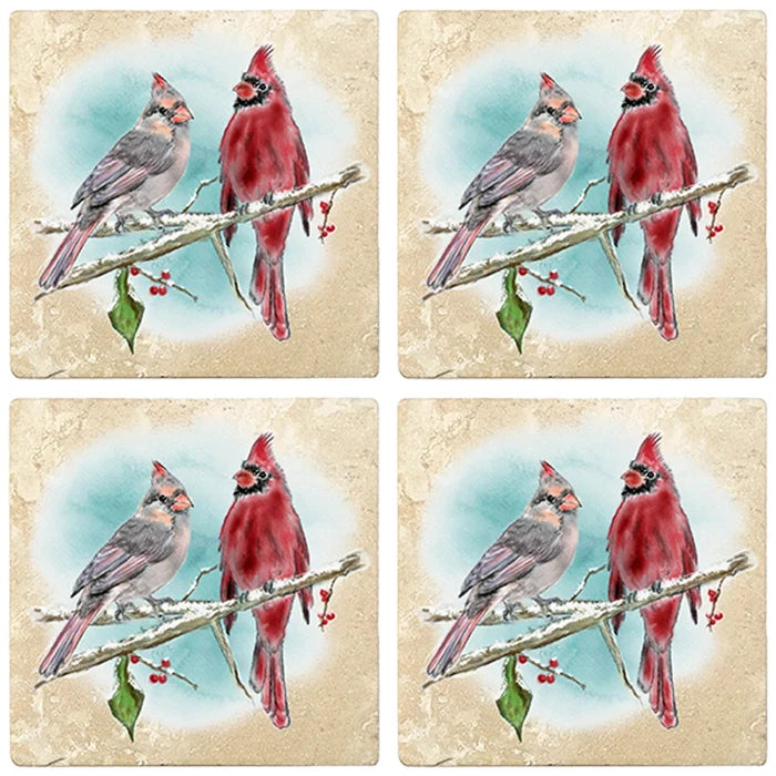 4" Christmas Holiday Travertine Coasters - Two cardinals, 2 Sets of 4, 8 Pieces - Christmas by Krebs Wholesale