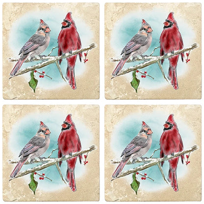 4" Christmas Holiday Travertine Coasters - Two cardinals, 2 Sets of 4, 8 Pieces - Christmas by Krebs Wholesale