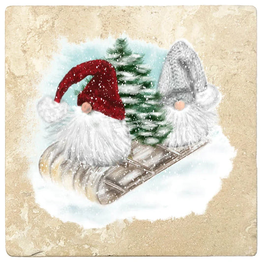4" Christmas Holiday Travertine Coasters - Two Gnomes and Tree on Sled, 2 Sets of 4, 8 Pieces - Christmas by Krebs Wholesale