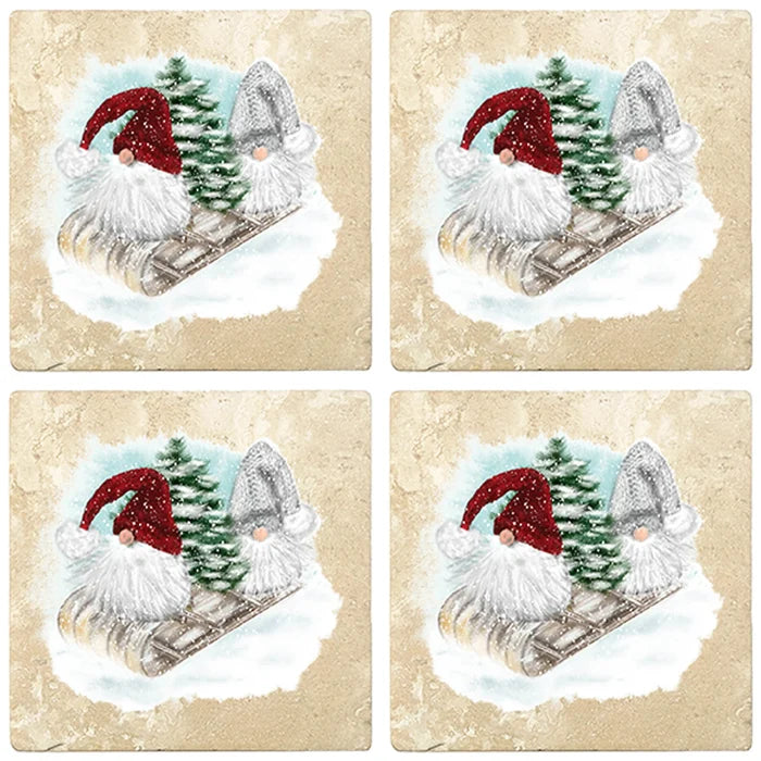 4" Christmas Holiday Travertine Coasters - Two Gnomes and Tree on Sled, 2 Sets of 4, 8 Pieces - Christmas by Krebs Wholesale