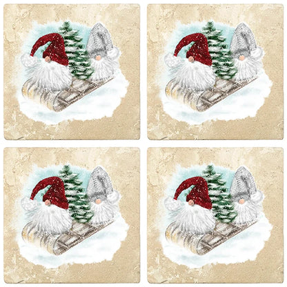 4" Christmas Holiday Travertine Coasters - Two Gnomes and Tree on Sled, 2 Sets of 4, 8 Pieces - Christmas by Krebs Wholesale
