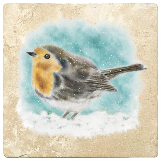 4" Christmas Holiday Travertine Coasters - Watercolor Bird, 2 Sets of 4, 8 Pieces - Christmas by Krebs Wholesale