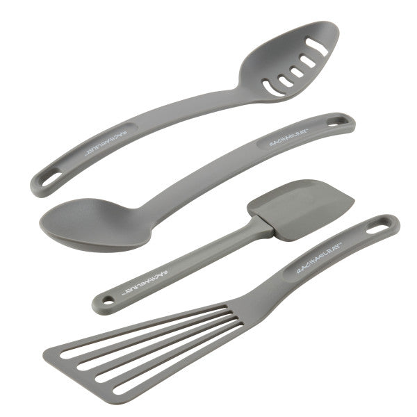 Four cooking utensils from the 4-Piece Kitchen Tool Set, crafted in gray nylon suitable for nonstick surfaces, are elegantly displayed on a white background. Designed to enhance your culinary experience, they are dishwasher-safe for easy cleaning.