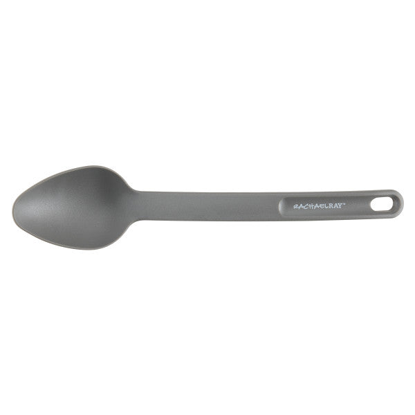 Gray spoon from the 4-Piece Kitchen Tool Set, made with nonstick-suitable nylon and designed with a handle hole for convenient hanging. Dishwasher-safe and an ideal addition to any cooking utensils collection.