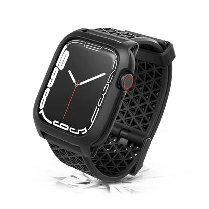 The Catalyst Case US 45mm Rugged Case + Band for Apple Watch Series 9/8/7 features a black, rectangular design. It displays an analog clock with white numbers and a red second hand for a stylish, durable look.