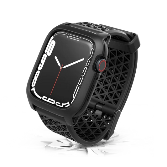 The Catalyst Case US 45mm Rugged Case + Band for Apple Watch Series 9/8/7 features a black, rectangular design. It displays an analog clock with white numbers and a red second hand for a stylish, durable look.