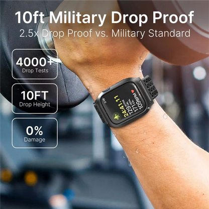 Close-up of a person lifting a dumbbell, wearing the Catalyst Case US 45mm Rugged Case + Band for Apple Watch Series 9/8/7. Text: ÃƒÂ¢Ã¢â€šÂ¬Ã…â€œ10ft Military Drop ProofÃƒÂ¢Ã¢â€šÂ¬Ã¢â‚¬Â2.5x stronger than military standard.ÃƒÂ¢Ã¢â€šÂ¬Ã‚Â.