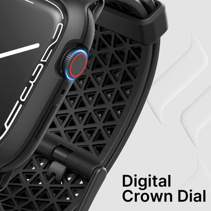 Close-up of Catalyst Case US 45mm Rugged Case + Band for Apple Watch Series 9/8/7, black with a red-ringed digital crown dial and a geometric triangular cutout band. ÃƒÂ¢Ã¢â€šÂ¬Ã…â€œDigital Crown DialÃƒÂ¢Ã¢â€šÂ¬Ã‚Â text appears in white on a light gray background.