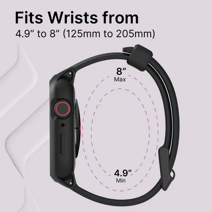 A Catalyst Case US 45mm Rugged Case + Band for Apple Watch Series 9/8/7 in black is shown from the side, fitting wrists sized 4.9" to 8" (125ÃƒÂ¢Ã¢â€šÂ¬Ã¢â‚¬Å“205mm) against a light purple background.