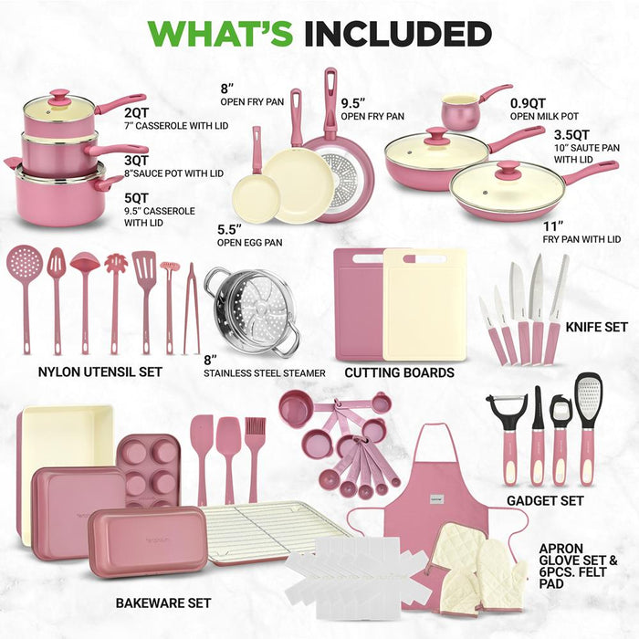 54-Piece Non-Stick Cookware Set, Even Heat Ceramic, Blush Pink