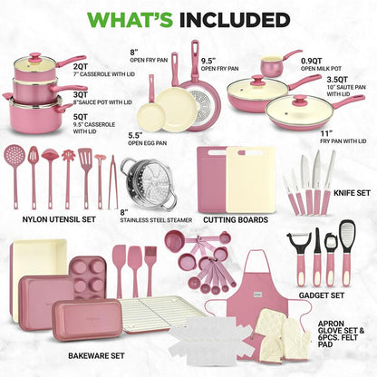 54-Piece Non-Stick Cookware Set, Even Heat Ceramic, Blush Pink