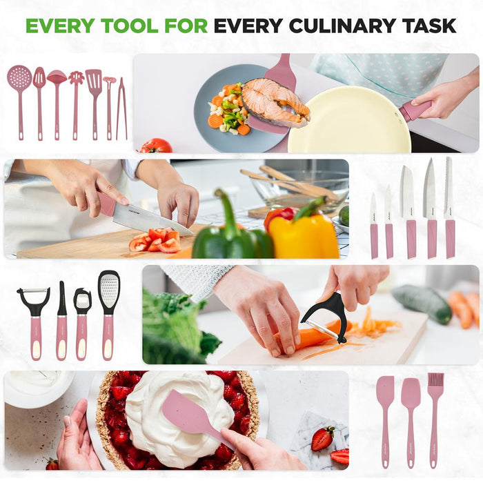 54-Piece Non-Stick Cookware Set, Even Heat Ceramic, Blush Pink