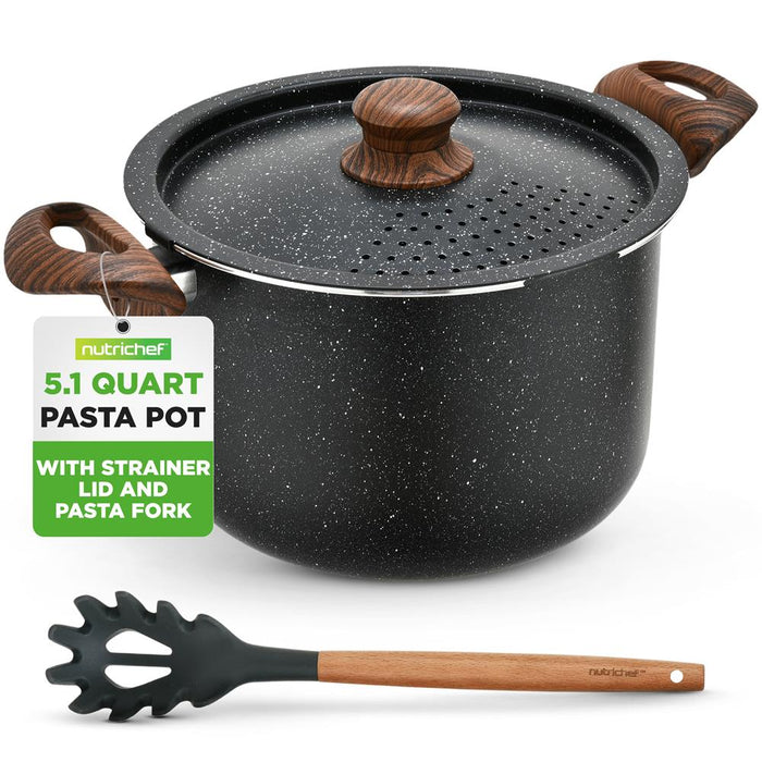 5qt Non-Stick Pasta Pot with Strainer Lid & Fork, Even Heat, Black Marble