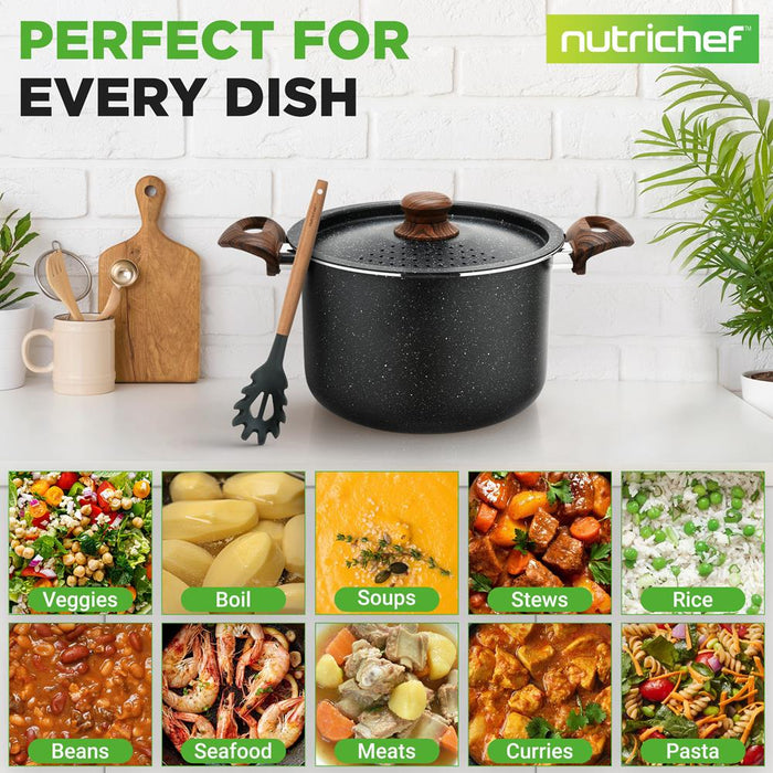 5qt Non-Stick Pasta Pot with Strainer Lid & Fork, Even Heat, Black Marble