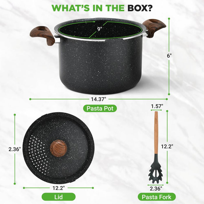 5qt Non-Stick Pasta Pot with Strainer Lid & Fork, Even Heat, Black Marble