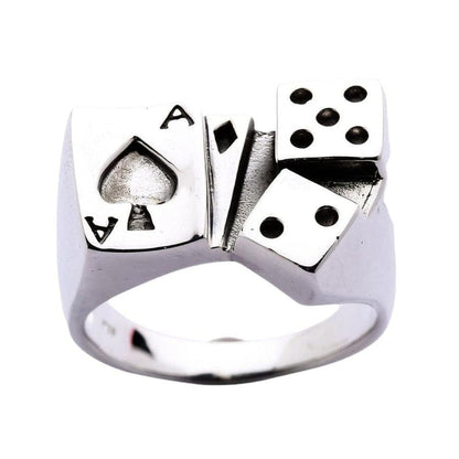 Sterling silver gambler ring featuring ace of spades card and dice design front view on white background