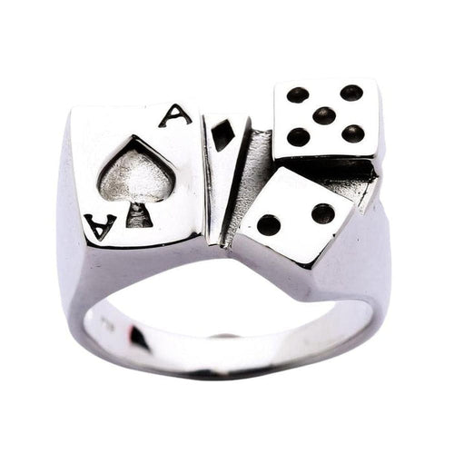 Sterling silver gambler ring featuring ace of spades card and dice design front view on white background