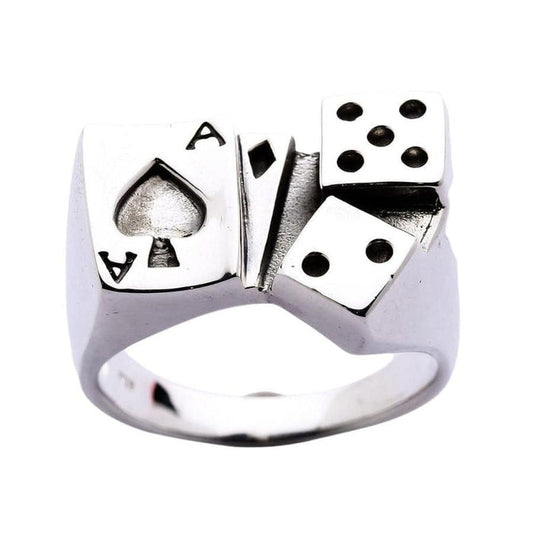 Sterling silver gambler ring featuring ace of spades card and dice design front view on white background