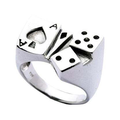 Top view of polished sterling silver gambling ring with ace card and tumbling dice design