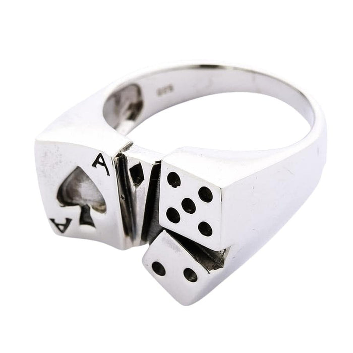 Angled view of 925 sterling silver ace of spades ring showing dice and card game motif