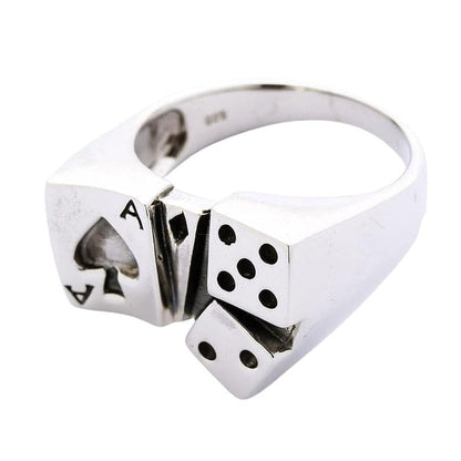 Angled view of 925 sterling silver ace of spades ring showing dice and card game motif